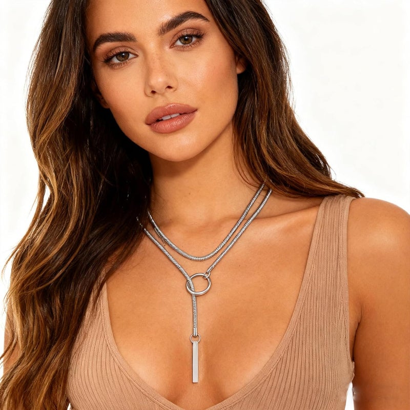 MIFYNN Heart O ring Slip Chain Necklaces for Women Stainless Steel Cuban Chain Bar Necklace Punk Rock Collar Necklace Handmade Adjustable Lariat Y Necklaces for Men - Image 3